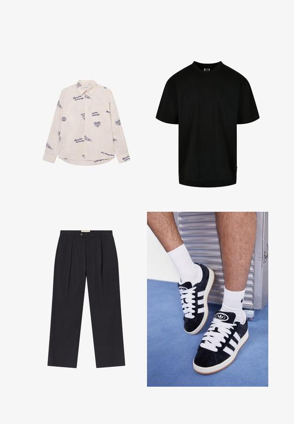 Helle beigefarbene Langarmbluse mit navyblauen Grafiken und Text. Verfügt über einen Button-Down-Kragen und eine Brusttasche. Aus Baumwollstoff.; Schwarzes T-Shirt aus Baumwolle, mit Rundhalsausschnitt und kurzen Ärmeln in lockerer Passform. Einfaches Design, ohne Muster oder Grafiken.; Maßgeschneiderte dunkelblaue Stoffhosen mit hoher Taille, zwei frontalen Falten, Knopfverschluss und geraden Beinen aus glattem Material.; Schwarze Wildledersneaker mit weißen Schnürsenkeln und drei weißen Streifen. Verfügt über ein kreisförmiges schwarzes Logo auf der Zunge und eine Gummisohle.