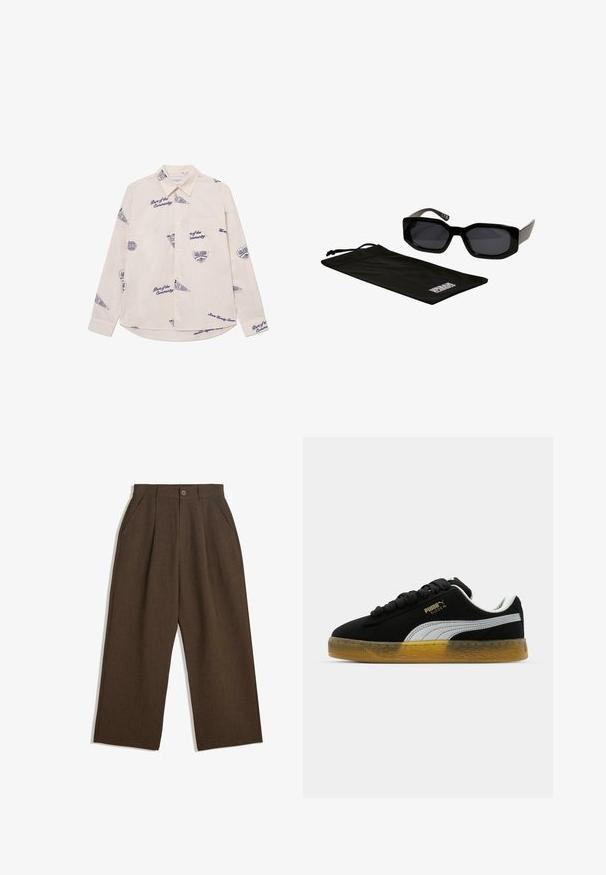 Cămașă lungă bej deschis, cu desene grafice și text în albastru marin. Prezintă un guler cu nasturi și un buzunar pe piept. Material din bumbac.; Pantaloni plisati maro cu un design cu picioare largi, prevazuti cu inchidere cu nasture si buzunare laterale, realizati dintr-un material texturat, potriviti pentru purtarea casual.; Adidași negri din suede cu o dunga albă pe lateral și logo auriu. Dispun de o talpă din cauciuc, cu un model texturat. Sforile sunt negre și plate.; Ochelari de soare negri cu rame supradimensionate, unghiulare și lentile închise la culoare, însoțiți de un pachet de microfibră negru cu un logo pe el.
