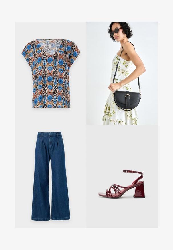 Lühikeste varrukatega topp, millel on rikkalik ja värvikas muster sinise, pruun, punase ja musta aktsendiga heledal taustal. V-kaelusega disain.; Tumed sinised avarad teksad. Omavad pleeditud esiosa ning õmmeldud detailid vöökoha ja ääre juures. Valmistatud puuvillaste kangast.; Patente burboone jalad, millel on ruudukujuline varvas, mitmete põimunud rihmadega ja paksu plokknäoga. Reguleeritav pahkluu rihm.; Mustmust mustraha kõverate joontega, eemaldatava rihmaga ja kuldsete detailidega. Kotil on klapp, millel on pandladetail.