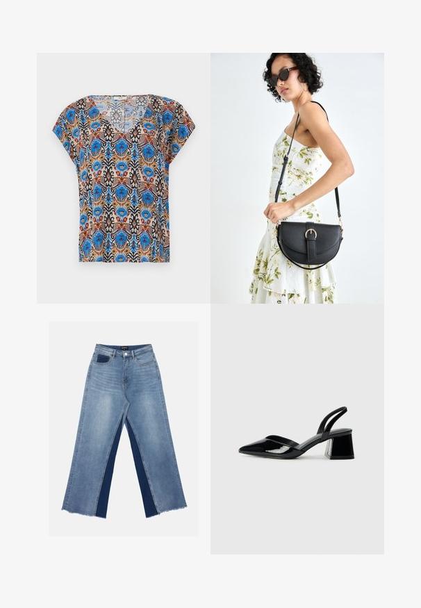 Rövid ujjú felső színes, bonyolult mintával, világos háttérrel, kék, barna, piros és fekete kiemelésekkel. V nyakú fazon.; Világoskék, bőszárú farmernadrág, kontrasztos sötétkék panelekkel, szálkás szegélyekkel, valamint normál derekú, fém gombos záródással.; Fekete lakk bőr szandálkés magas sarkú cipő, hegyes orral és geometrikus tömbsarkakkal. Karcsú, minimalista dizájn és sima textúra jellemzi.; Fekete bőrtáska ívelt formával, levehető pánttal és arany színű fémrészekkel. A táskán egy csattal díszített fedél található.