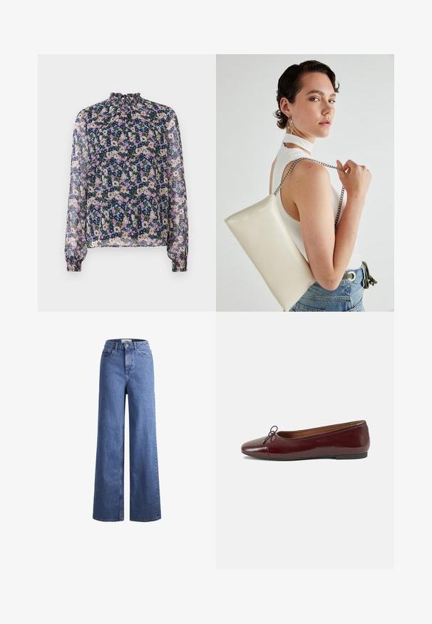 Cvećasta bluzica sa visokim vratom, dugim rukavima i elastičnim manžetama. Prozirna tkanina ima mornarsko plavu pozadinu i šarene cvetne uzorke.; Svijetloplave traper hlače širokih nogavica s visokim strukom, s dva prednja džepa i vidljivim šavovima. Ima kopčanje na gumb i zatvarač.; Burgundska patenti usnjeni baletni čevlji z zaobljenim prstom, majhnim lokom na sprednji strani in nizkim črnim gumijastim podplatom. Gladka tekstura.; Bela pravokotna torbica za ključe iz sijajnega materiala, opremljena s srebrno verižico. Model pozira in prikazuje torbico na enobarvni podlagi.