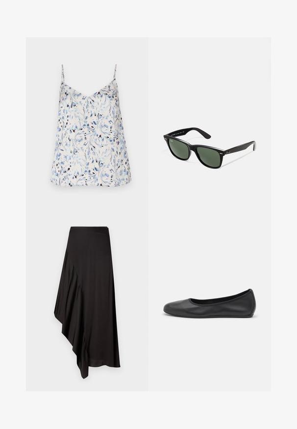 Witte mouwloze top met een bloemenpatroon in blauw en zwart. V-halsontwerp met dunne bandjes en een ontspannen pasvorm. Soepele stofstructuur.; AERON ASTER SKIRT - Kokerrok - black; Zwarte leren ballerina met een ronde neus, gladde textuur, minimale stikdetails en een flexibele zoolontwerp.; Zwarte plastic zonnebril met groene lenzen, vierkante montuur, zilveren accent op de wenkbrauw en een gestructureerde tempel. Merken vermeld op de binnenkant van de arm.
