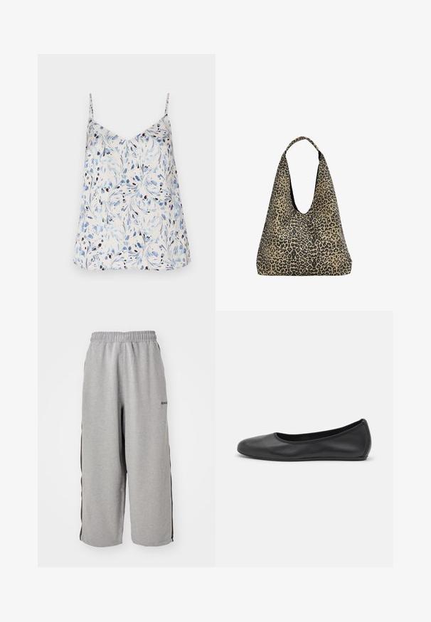 Weißes ärmelloses Oberteil mit floralem Muster in Blau und Schwarz. V-Ausschnitt-Design mit dünnen Trägern und lockerer Passform. Glatte Stoffstruktur.; Graue Jogginghosen aus weichem Stoff, mit elastischem Bund, kürzerer Länge und schwarzen Seitenstreifen zur Kontrastierung.; Schwarze Leder-Ballettschuhe mit abgerundeter Spitze, glatter Textur, minimalen Nähdetails und einem flexiblen Sohlen-Design.; PULL&BEAR Shopping Bag - mottled dark brown