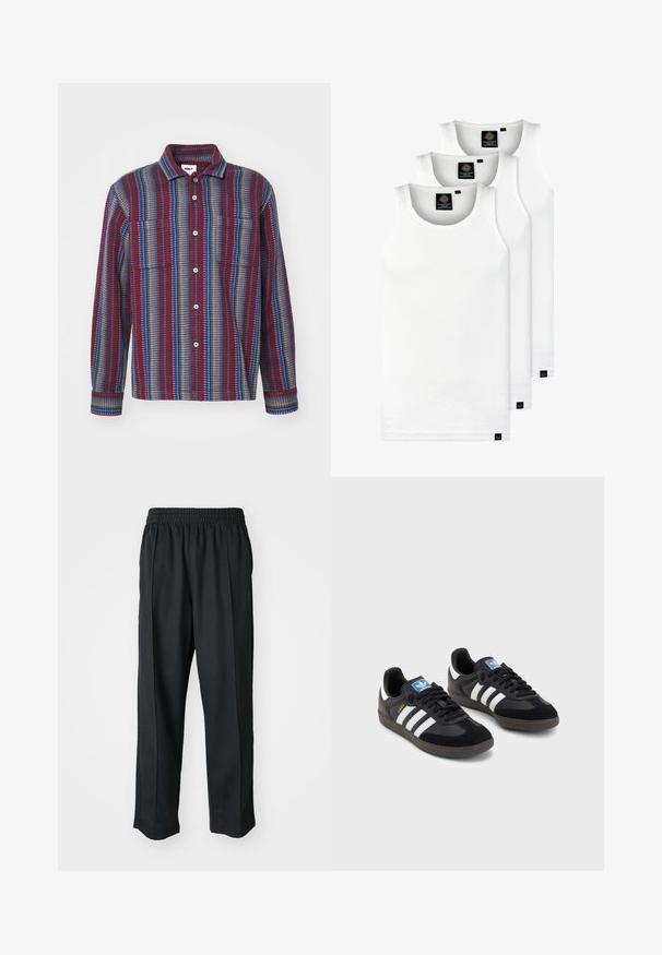 Košile s dlouhým rukávem na knoflíky, která se vyznačuje pruhovaným vzorem v maroonové, modré a zelené barvě, se dvěma kapsami na prsou a límcem.; Tři bílé žebrované tílka vyrobené z bavlny. Mají kulatý výstřih a malé černé štítky poblíž lemu. Dostupné v několika velikostech.; Černé sportovní kalhoty s elastickým pasem, vyrobené z hladké látky, s jemným bočním švem a pohodlným střihem, rovný střih nohavic.; Černé tenisky s vrškem z semiše a syntetického materiálu, s třemi bílými pruhy, texturovanou gumovou podrážkou a modrou nášivkou loga na jazyku.