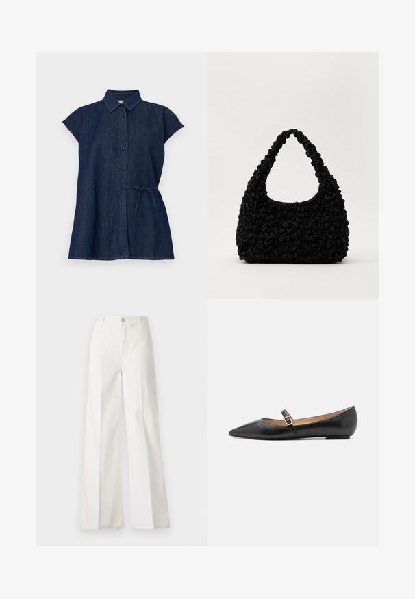 Dark denim shirt dress with a collared neckline, short sleeves, button front, and a waist tie for adjustment. Smooth texture and casual cut.; White wide-leg trousers made from cotton with a smooth texture. Features a front button, zipper fly, and four-pocket design.; Black leather ballet flats with a pointed toe and a side strap featuring a circular gold accent. Lightweight with a flat sole.; Loeffler Randall SMOCKED HOBO - Handbag - black