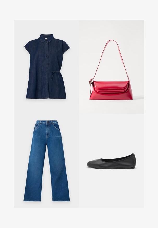 Dark denim shirt dress with a collared neckline, short sleeves, button front, and a waist tie for adjustment. Smooth texture and casual cut.; Wide-leg jeans in dark blue denim with a high waist, featuring front and back pockets, and contrast stitching details.; Black leather ballet flat with a rounded toe, smooth texture, minimal stitching detail, and a flexible sole design.; Red leather handbag with a structured shape, smooth texture, and a single adjustable strap. Features a rounded flap closure.