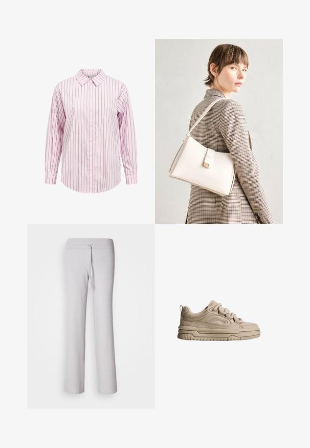 Camicia a maniche lunghe a righe rosa e bianche con colletto a punta e orlo dritto. Presenta una texture di tessuto e dettagli dei bottoni coordinati.; Pantaloni lounge di un grigio chiaro, in tessuto ribbato, con vita regolabile e design a gamba larga. Texture liscia, silhouette a lunghezza intera.; Sneaker in suede beige con punta tonda, pannelli testurizzati, suola spessa e design con lacci. Presenta un tassello posteriore per una facile calzata.; Borsa a mano in pelle bianca con un design strutturato, presente di un clasp magnetico e una tracolla, esposta su uno sfondo neutro.