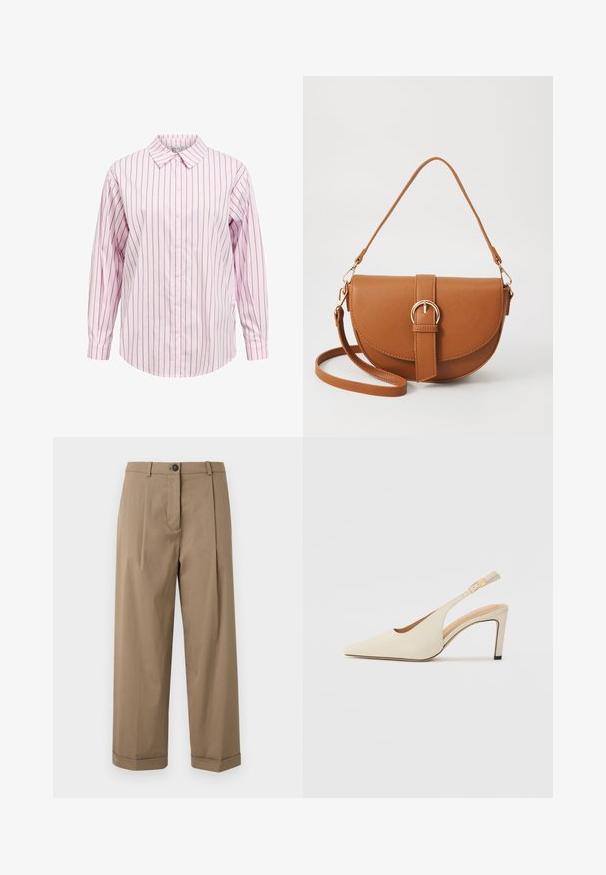 Rosa och vita randiga långärmad skjorta med knäppning och spetsig krage samt rak nederkant. Har textur i tyget och matchande knappdetaljer.; Bruna vida byxor med flat framsida och veck, knäppning med knapp och uppvikt mudd, tillverkade av slät tyg.; Beiga läderklackar med slingback, spetsig tå, öppen sidodesign och smal hög klack. Har en guldaccent på remmen.; Brun läder crossbody-väska med en böjd form, gyllene detaljer och en spänneaccent. Har en avtagbar axelrem.