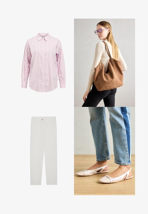Różowo-biała, w paski, koszula z długim rękawem, zapinana na guziki, z wykładanym kołnierzykiem i prostym dołem. Posiada teksturę materiału oraz koordynację detali guzików.; Białe, dopasowane spodnie z prostymi nogawkami, posiadające zapięcie na guzik, szlufki na pasek oraz kieszenie boczne; gładka tekstura materiału.; Jasnoróżowe baleriny na odkrytej pięcie z wąskim noskiem, wykonane z gładkiego materiału imitującego skórę. Posiadają wycięcia po bokach oraz płaski obcas.; Brązowa torebka typu tote wykonana z zamszu o miękkiej teksturze, z dużym otwarciem i długimi paskami. Charakteryzuje się prostym designem z widocznymi szwami i bez elementów metalowych.
