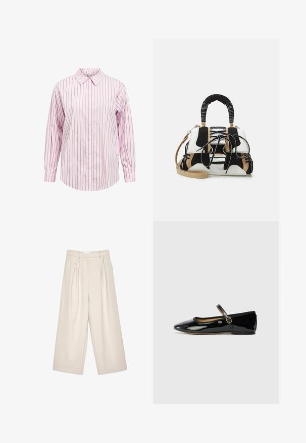 Vaaleanpunaraitainen ja valkoinen pitkähihainen napillinen paita, jossa on viistot kaulukset ja suora helma. Sisältää tekstuurista kangasta ja yhteensopivia nappeja.; Beige leveled trousers with pleats, featuring a smooth texture and belt loops. Tailored cut, providing a loose fit around the legs.; Musta lakattu mokkanilkkuri, jossa on terävä kärki ja kapea solki, vaaleanharmaalla taustalla.; Monivärinen käsilaukku mustasta, valkoisesta ja beigestä verkosta. Siinä on teksturoitu kahva, nauhatyyppinen muotoilu ja irrotettava olkahihna.