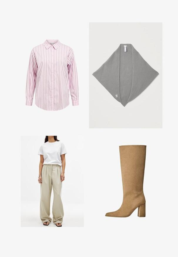 Roze en witte gestreepte lange mouwen button-up shirt met een puntige kraag en rechte zoom. Bevat stoftextuur en bijpassende knopdetails.; Beige wijde pantalons met voorplooien en een gladde textuur, gecombineerd met een aansluitend wit katoenen t-shirt. Zwarte flip-flops maken de look compleet.; Tan kleurige suède laarzen tot de knie met een blokhak, voorzien van een spitse neus en een gladde textuur. Minimalistisch ontwerp zonder versieringen.; Grijze gebreide sjaal met een gladde textuur, driehoekige vorm en een subtiel logoaccent. Geen zichtbare sluitingen. Ideaal om te combineren in lagen.; Geweven beige draagtas met een slungelige vorm en een enkele schouderband. Kenmerkt zich door een textuurpatroon over het hele oppervlak.