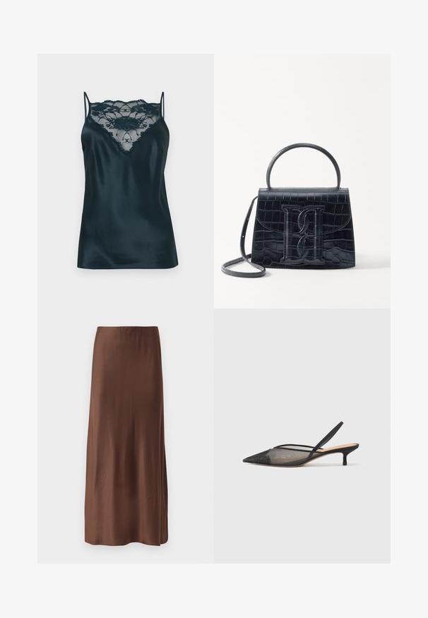 Satin camisole in dark blue with a lace panel at the neckline, featuring adjustable thin straps and a smooth texture.; Brown satin midi skirt with a smooth texture, featuring a straight cut and no visible patterns or embellishments. Simple and elegant design.; NEOUS IRENA - Classic heels - black; Black crocodile-embossed leather handbag with a structured design, top handle, adjustable strap, and a prominent front logo detail.