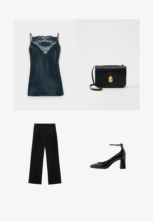 Satiininen hihaton paita tummansinisenä, jossa on pitsipaneeli pääntiellä, säädettävät ohuet hihnat ja sileä pinta.; Mustat leveälahkeiset housut, joissa on pleateja, sileä textuuri ja korkea vyötärömalli. Minimalistinen tyyli, ei näkyvää varustelua tai koristeita.; Musta lakattu nahka avokkaat nilkkahihnalla, kiiltävä pinta, terävä kärki ja paksu lohkare korko. Tasainen pinta, minimaalinen yksityiskohtaisuus.; Musta nahkakäekott struktureeritud ristküliku kujuga. Varustatud kuldse ovaalse lukuga ja õhukese õlalindiga. Sile tekstuur.