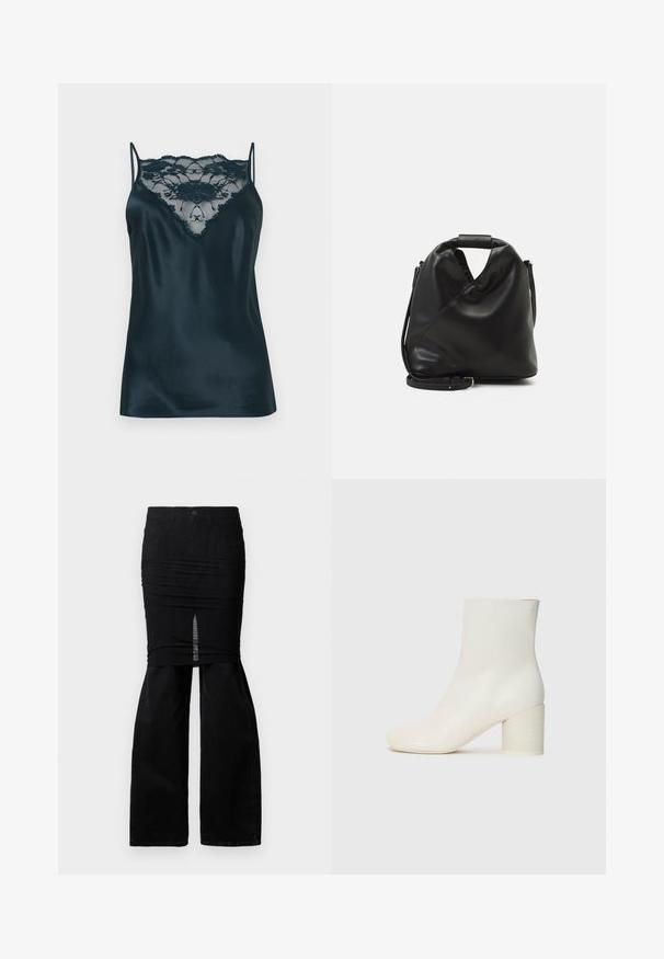 Tamsiai mėlynas atlasinis kamizolas su nėrinių įsiuvu ties iškirpte, reguliuojamomis plonomis petnešėlėmis ir švelnia tekstūra.; Juoda džinsinė kelnė su prisegta juoda plisuota mini sijono priekiu, išryškinta priekine plyšio detale, demonstruojama ant balto fono.; Baltos odinės kulkšninių botai su suapvalintu pirštu ir masyviais cilindriniais kulnais. Lygus paviršius, minimalus dizainas, be matomų elementų ar raštų.; Juodas, minkštas odinis krepšys su unikaliu išsuktiniu dizainu. Yra trumpas rankenas ir nuimamas peties diržas. Minimalistinis stilius.