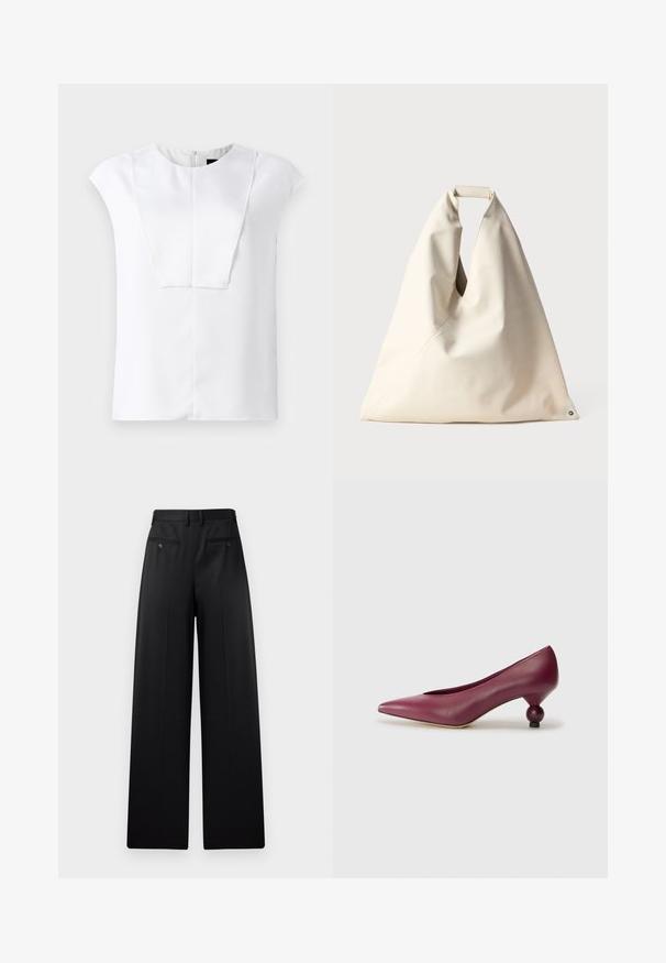 Balta īsām piedurknēm blūze ar apaļu dekoltē un taisnstūra priekšējo paneli, attēlota uz vienkārša fona.; Melni platleņķa bikses ar plakanu priekšpusi, divām aizmugurējām kabatām ar pogām un gludu tekstūru. Uzvalka dizains ar taisnu griezumu.; Burgundijas ādas kurpes ar smailu purngalu un unikālu apaļu papēdi. Gluda tekstūra ar minimālistisku dizainu un bez redzamām rakstām. ; Beidz, mīksta tekstūras soma ar unikālu vērpjamo rokturi un diagonālu šuvju detaļām. Minimālisma dizains ar apaļu akcentu apakšā.