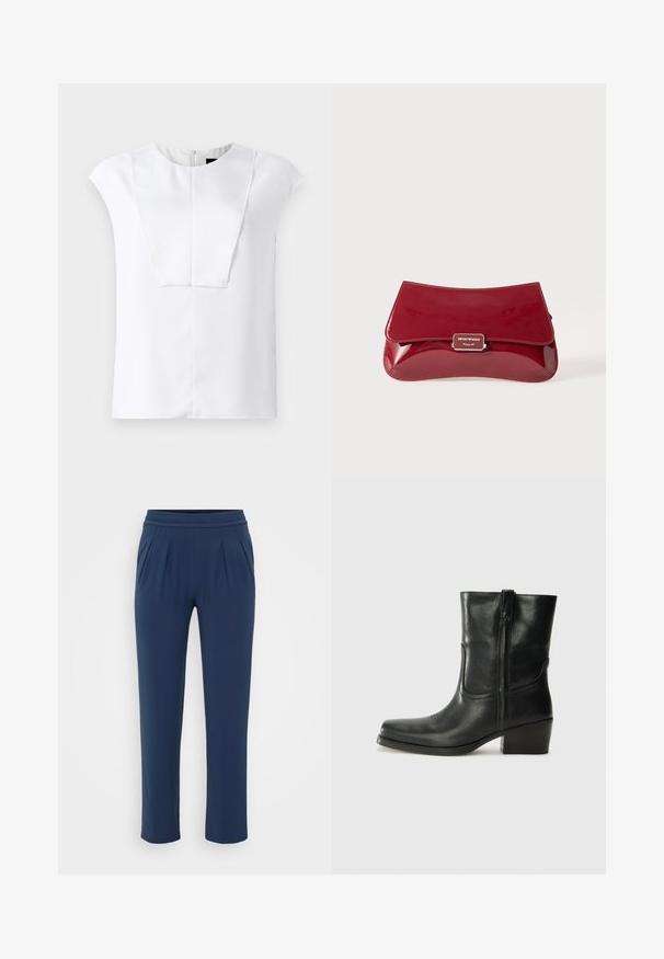 Blusa bianca a maniche corte con scollatura rotonda e un dettaglio anteriore rettangolare, esposta su uno sfondo semplice.; Pantaloni a vita alta blu navy con cintura elastica, gamba larga dritta e tasche laterali, presentati su uno sfondo semplice.; Stivale ankle in pelle nera con punta arrotondata, tacco a blocco, cerniera laterale e dettagli in cucitura sulla tomaia. Texture liscia, design classico.; Borsa a pochette in pelle verniciata rossa con design curvo, pattina pieghevole e un accento del logo metallico su una placca argentata. Tessuto liscio e lucido.