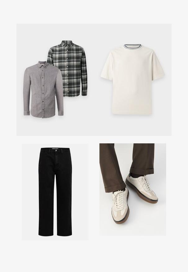 Du langas rankoves mygtukų marškiniai, vieni vientisos pilkos spalvos, o kiti juodai-baltos languotos, išdėstyti prieš paprastą baltą foną.; Kremo spalvos medvilninė marškinėlių su trumpomis rankovėmis, suapvalintu iškirpimu, puoštu tamsiai mėlynomis ir baltomis juostelėmis. Glotni tekstūra, laisvas sijonas.; Juodi džinsai su tiesiu kirpimu, klasikinio penkių kišenių dizainu ir mygtuko užsegimu juosmens zonoje. Lygus tekstūras ir patvari medžiaga.; Bežiniai sportbačiai su tekstūruotu zomšinės priekine dalimi, lygiomis odinėmis šoninėmis dalimis ir ruda guminėmis padais. Į komplektą įeina juostelės ir šviesūs siuvimo detalės.