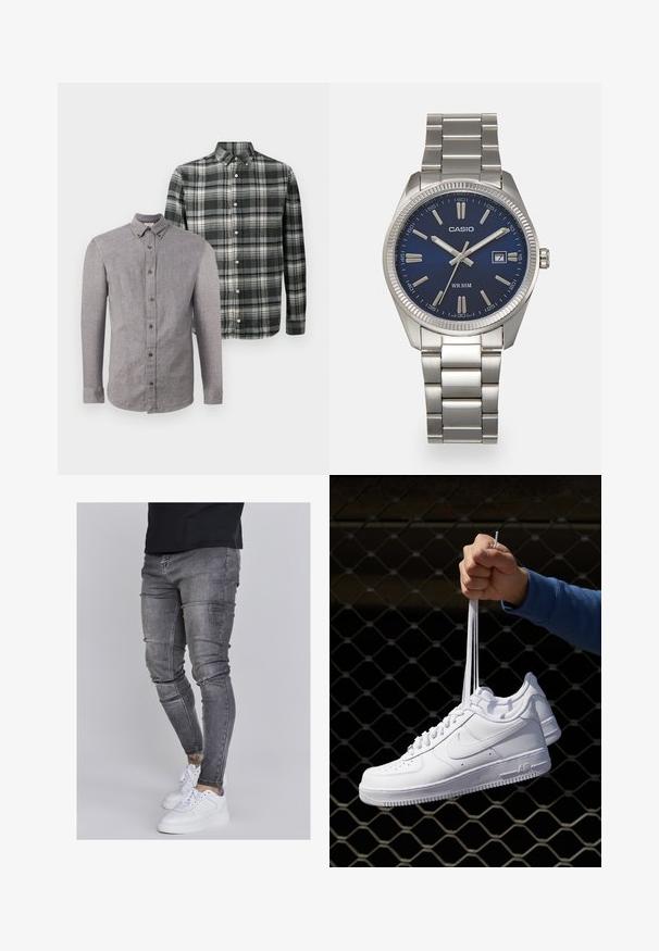 Zwei langärmelige Hemden mit Knöpfen, eines in einfarbig Grau und das andere im schwarz-weißen Karo, vor einem schlichten weißen Hintergrund präsentiert.; Schlanke Jeans aus ausgebleichtem grauem Denim, mit abgenutzten Details an den Knien, kombiniert mit weißen Sneakers. Glatte Textur, schlanker Schnitt.; Weiße Leder-Sneaker mit Perforationen, runder Zehenpartie, flacher Sohle und dicken Schnürsenkeln, mit sichtbar eingesticktem Swoosh-Logo und "AIR" an der Ferse.; Silberner Armbanduhr aus Edelstahl mit einem dunkelblauen Zifferblatt, metallischen Stundenmarkierungen und einem Datumsfenster bei 3 Uhr. Wasserdicht bis 50 Meter.