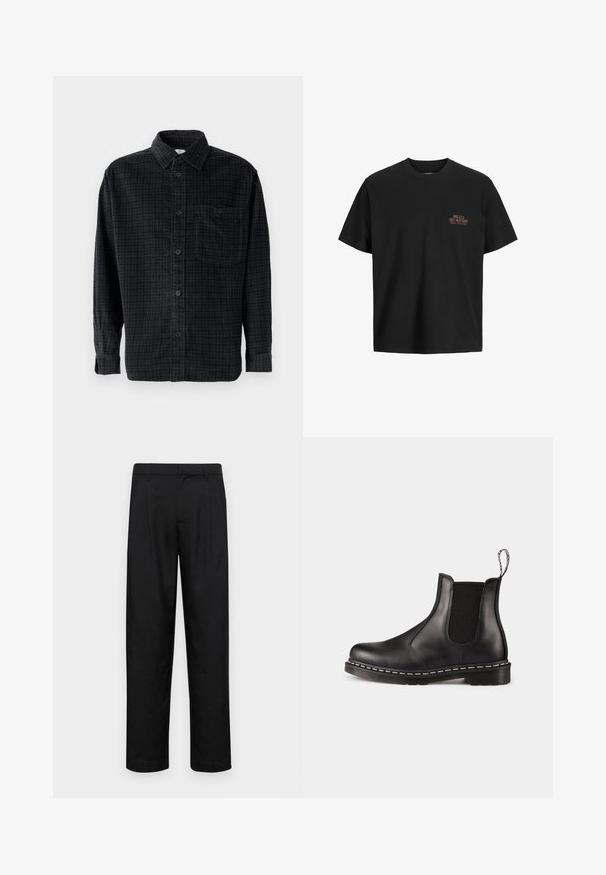 Chemise à manches longues à carreaux noirs en tissu doux, avec un devant à boutons, un col et une poche poitrine.; T-shirt en coton noir à coupe décontractée, col ras du cou et manches courtes. Il présente un petit graphique texturé orange sur la poitrine gauche.; Pantalons noirs en tissu lisse, avec une coupe droite, deux plis avant et une taille standard avec passants de ceinture.; Bottines Chelsea en cuir noir avec panneaux élastiques sur les côtés, bout arrondi, languette de tirage, couture blanche sur la semelle et semelle en caoutchouc texturé.