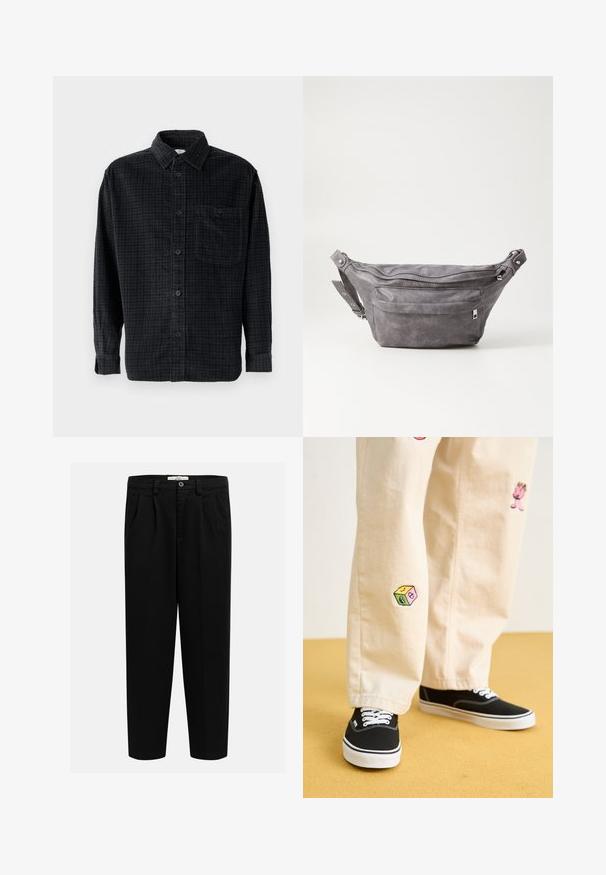 Fekete kockás, hosszú ujjú ing, amely puha anyagból készült, gombos elülső résszel, gallérral és mellzsebbel rendelkezik.; Fekete nadrág, puha anyagból, egyenes szárú kialakítással, elöl redőkkel és gombos záródással a deréknál.; Beige pamut nadrág játékos hímzett mintákkal, beleértve egy rózsaszín karaktert és színes blokkot, fekete fűzős tornacipővel párosítva.; Szürke velúr övtáska kerek formával, két cipzáras rekesszel és állítható pánttal. Fém dekorációval rendelkezik.