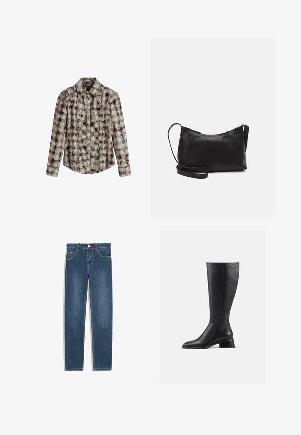 Desigual CHECK TEXTURE - Button-down blouse - brown; Dark blue denim jeans with a straight fit, five pockets, subtle stitching detail, and a metal button at the waist.; Knee-high black leather boot with a rounded toe and low, block heel. Features a smooth texture and minimal stitching detail.; Black leather shoulder bag with a smooth texture, curved shape, adjustable strap, and a zip closure. Minimalist design without embellishments.