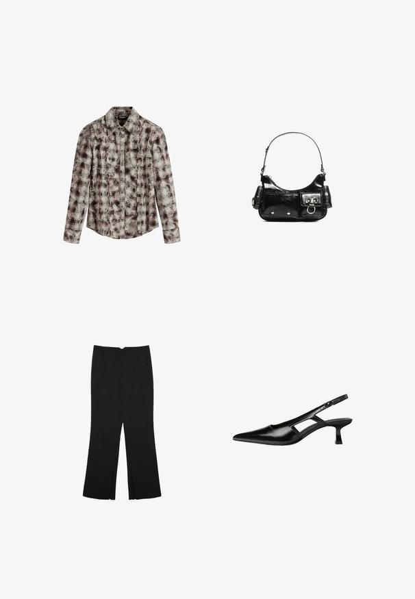 Desigual CHECK TEXTURE - Camicia - brown; Pantaloni neri a gamba dritta, con tasche frontali e spacchi laterali all'orlo. Realizzati in tessuto morbido e liscio. Adatti a diverse occasioni.; Tacchi slingback in pelle verniciata nera con punta affusolata, design con tagli laterali e tacco quadrato piccolo. Texture liscia con dettagli minimi.; Borsa a spalla in vernice nera con forma curvata, una tracolla, tasche frontali e dettagli in metallo argentato.