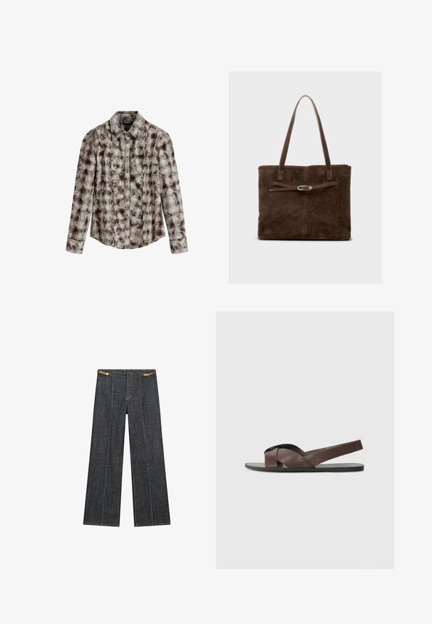 Desigual - Bluzka; Ciemnoniebieskie dżinsowe spodnie o szerokich nogawkach i wysokim stanie. Posiadają widoczne szwy, zapięcie na guzik i unikalny łańcuszek jako akcent w talii.; Brązowe skórzane sandały z krzyżowym paskiem, płaską czarną podeszwą oraz regulowanym tylnym paskiem. Gładka faktura i minimalna ilość detali metalowych.; Brązowa skórzana torba typu tote z długimi uchwytami, charakteryzująca się płaskim kształtem oraz ozdobnym paskiem z akcentem w kolorze srebrnym.