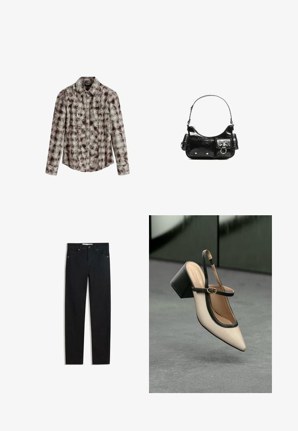 Desigual CHECK TEXTURE - Overhemdblouse - brown; Zwarte denimbroek met een recht silhouet, vijf zakken, metalen knoopsluiting en subtiele stikdetails. Gladde textuur.; Beige puntige slingback schoen met zwarte rand, gouden gesp en een chunky blokhak op een grijze vloer met een donker groene achtergrond.; Zwarte laarzen in lakleer met een gebogen vorm, één schouderband, voorvakken en accenten in zilverkleurig metaal.
