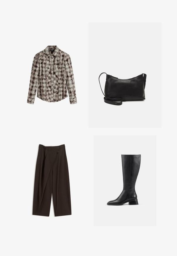 Desigual CHECK TEXTURE - Blus - brown; Mörkbruna vida byxor med hög midja, med en enkel knappstängning och plisserad front. Tillverkade av lätt tyg.; Knähög svart läderstövel med rund tå och låg, klossig klack. Har en slät yta och minimalistisk sömnadsdetalj.; Svart läder axelväska med en slät yta, rundad form, justerbar rem och dragkedjestängning. Minimalistisk design utan utsmyckningar.