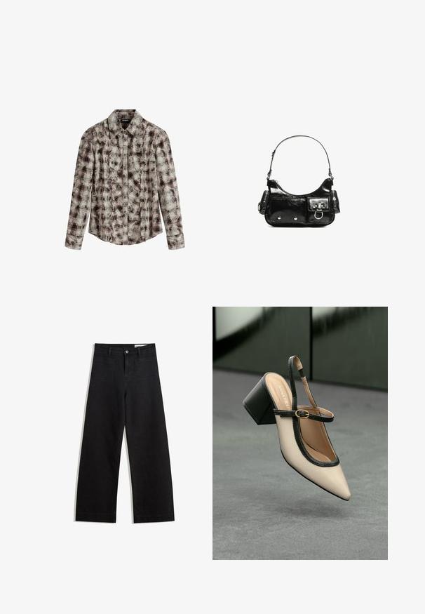 Desigual CHECK TEXTURE - Hemdbluse - brown; Schwarze weit geschnittene Jeans mit hoher Taille, ausgestattet mit Vorder- und Hintertaschen, gesteppten Nähten und einem Knopfverschluss. Glatte Textur.; Beige Slingback-Schuh mit spitzer Zehenpartie, schwarzer Umrandung, goldener Schnalle und dicker Blockabsatz auf grauem Boden vor dunklem grünen Hintergrund.; Schwarze Lackleder-Handtasche mit geschwungenem Design, einem Schulterriemen, Vordertaschen und silberfarbenen Hardware-Akzenten.