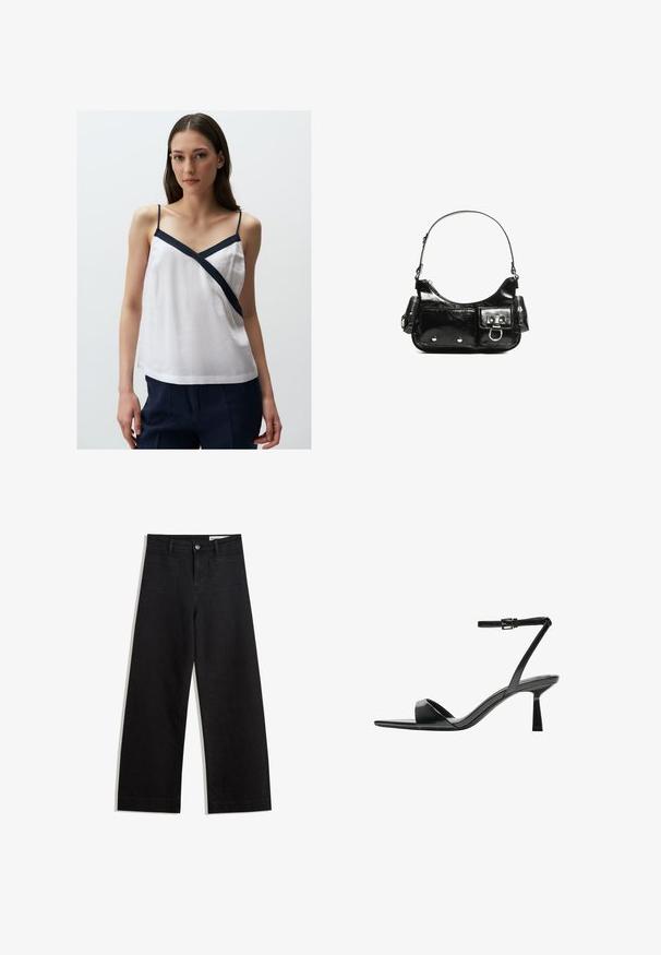Débardeur en lin blanc avec des détails diagonaux bleu marine, fines bretelles et coupe décontractée. Convient pour un port décontracté.; Pantalon en denim noir à jambes larges avec une taille haute, comprenant des poches avant et arrière, des coutures piquées et une fermeture à bouton. Texture lisse.; Bershka Sandales à talons hauts - black; Sac à main en cuir verni noir avec une forme incurvée, une bandoulière, des poches avant et des accents en métal argenté.
