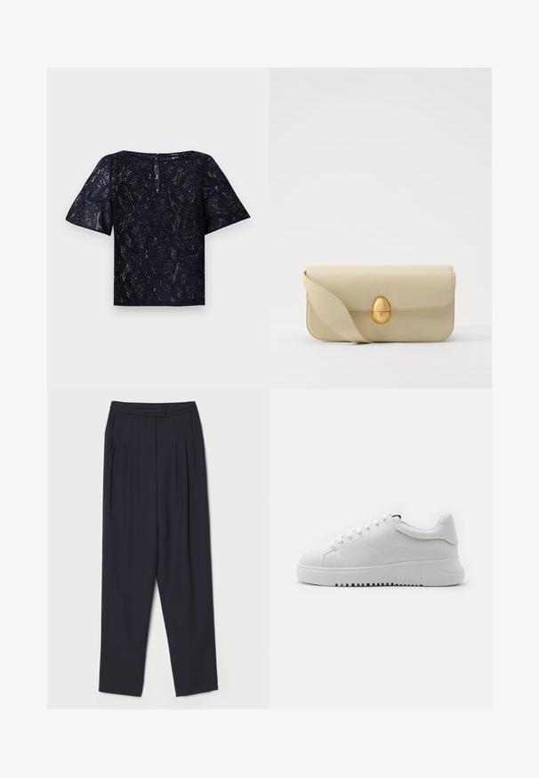 Blusa de renda azul marinho com mangas curtas, decote arredondado e fecho de botão nas costas. Padrão paisley intrincado por todo o lado.; Calças escuras de lã com um tecido suave, apresentando pregas e um corte reto, com um cós padrão e bolsos laterais.; Sapatilhas brancas com um upper de couro texturizado, bico arredondado e design de atacadores. Sola grossa de borracha branca com padrão de aderência texturizado.; Bolsa de mão em pele bege com uma textura lisa, forma retangular e um fecho oval dourado. Possui uma alça longa e ajustável.