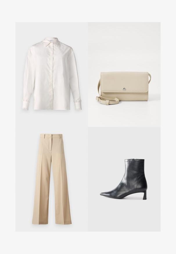 Marella ABADAN - Bluse - bianco; Beige weite Hosen aus glattem Stoff, mit einem flachen Vorderteil mit Falten, einem Reißverschluss und Gürtelschlaufen. Insgesamt eine taillierte Passform.; Schwarze Lederstiefelette mit spitzer Zehe und schlankem Design. Verfügt über einen niedrigen Absatz und einen Reißverschluss hinten. Glatte Textur.; Beige Leder Schultertasche mit Klappenverschluss, silbernen Beschlägen und einem abnehmbaren Tragegurt. Glatte Oberfläche und einfache rechteckige Form.