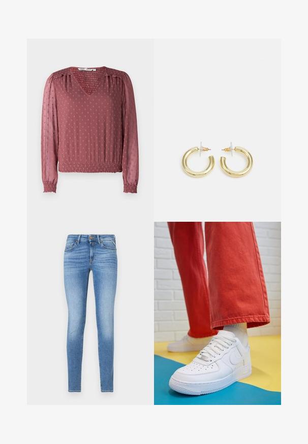 Dulkiai rožinė V formos palaidinė su tekstūruotu audiniu, su gumbuotais rankogaliais, elastingu juosmeniu ir pakeltu taškų raštu visame paviršiuje.; Lieknas, šviesiai mėlynas džinsinis kelnes, vidutinio aukščio juosmuo, priekinis mygtukas ir penkių kišenių dizainas.; Baltos odinės kedų sportbačiai su perforuotu pirštu, tekstūruota pado dalimi ir baltais raišteliais, derinami su plačiomis raudonomis kelnėmis ir mėlynos bei geltonos spalvų fono kompozicija.; Aukso auskarai su lygiu, blizgiu paviršiumi. Apvalus dizainas su maža užrakto dalimi ir skaidria atrama saugiam nešiojimui.