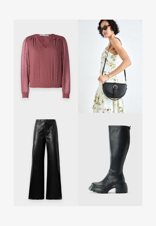 V-halsbluse i støvet rose med struktureret stof, der har smockede manchetter, elastisk talje og hævede prikker over overfladen.; Sorte high-waisted bukser i bred ben i imiteret læder med forreste knap, lynlås, bæltestropper og sidelommer på hvid baggrund.; Høj sort læderstøvle med kraftig platformssål og blokhæl, med trækstrop og tekstureret sål.; Sort læderhåndtaske med en buet form, aftagelig rem og guldfinish. Tasken har en klap med en spænde detalje.