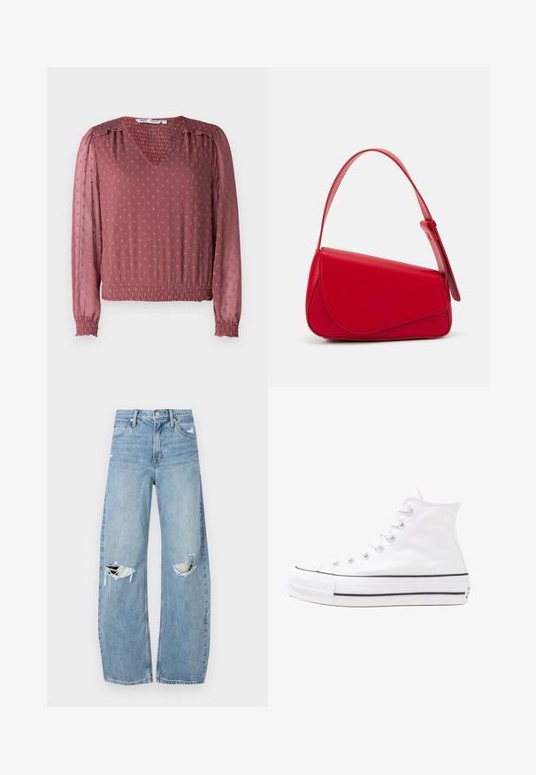 Pehmeast roosast toonist V-kaelusega pluus tekstureeritud kangast, millel on elastsed mansetid, elastne vöökoht ja reljeefne täppide mustriline pind.; Heledad hallideega sinised teksad, millel on kõrge talje. Teksade jalgadel on lai alus, kaks rebitud kohta põlvede ümber ning klassikaline viie tasku stiil.; Valge kõrgem kangast tenniseking, millel on must kummist tald, ees kummist varvasetugi ja kuus aukku paelte jaoks, pakkudes puhta ja minimalistliku disaini.; Punane nahast käekott, millel on nurkadega geomeetriline disain. Omab ühte reguleeritavat rihma ja klappidega sulgemist, millel on õmblustega kaunistused.