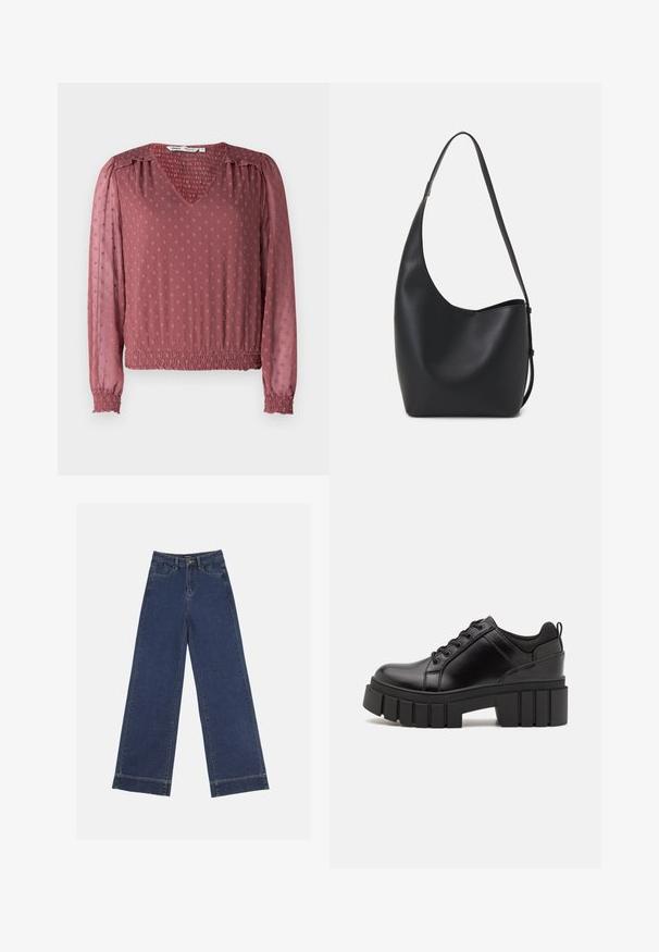 V-halsbluse i støvet rose med struktureret stof, der har smockede manchetter, elastisk talje og hævede prikker over overfladen.; Vidde bukser i mørkeblå denim. Har fem lommer, bæltestropper og en rå kant nederst med synlige stikninger.; Sorte læder platform sko med en klodset blokhæl, rund tå og traditionelt snøredesign. Har en glat tekstur og minimal detaljering.; Sort læder hobo taske med en glat overflade, buet form og en enkelt justerbar rem; har en bred åbning øverst.