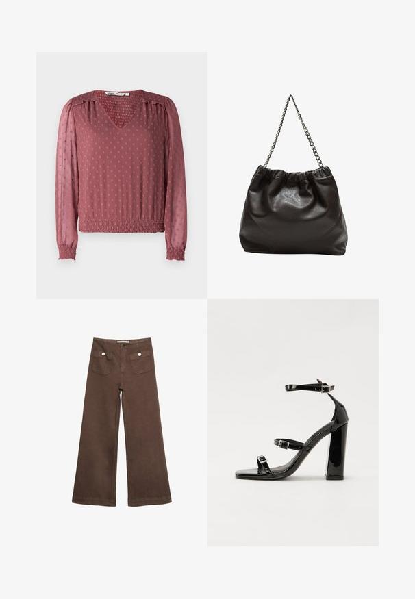 Bluzica s V izrezom u blijedoružičastoj boji izrađena od teksturiranog materijala, s nabranim manžetama, elastičnom strukom i uzorkom podignutih točkica po cijeloj površini.; Smeđe široke hlače od pamuka, s dva prednja džepa sa srebrnim dugmadima i glatkom teksturom.; Crne lakirane sandale na pete sa kvadratnim nosom, trakama oko gležnja i srebrnim kopčama. Imaju čvrst blok petu za stabilnost.; Smeđa kožna torba s naboranim vrhom i lančićem za nošenje. Glatka tekstura s sjajnim završetkom i suptilnim šavnim detaljima sa strane.