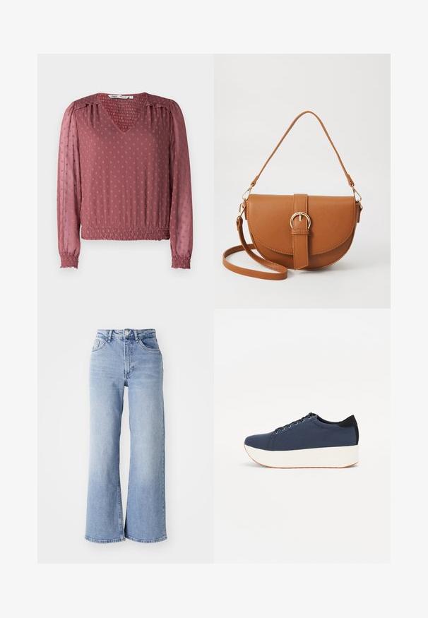 V-neck blouse in dusty rose with textured fabric, featuring smocked cuffs, elastic waistband, and raised dot pattern across the surface.; Light blue high-waist wide-leg jeans with front and back pockets, button closure, and subtle fading on the thighs and hems.; Navy blue sneaker with a textured fabric upper, white platform sole, rounded toe, and black heel accent. Features six eyelets for laces.; Brown leather crossbody bag with a curved shape, gold hardware, and a buckle accent. Features a detachable shoulder strap.