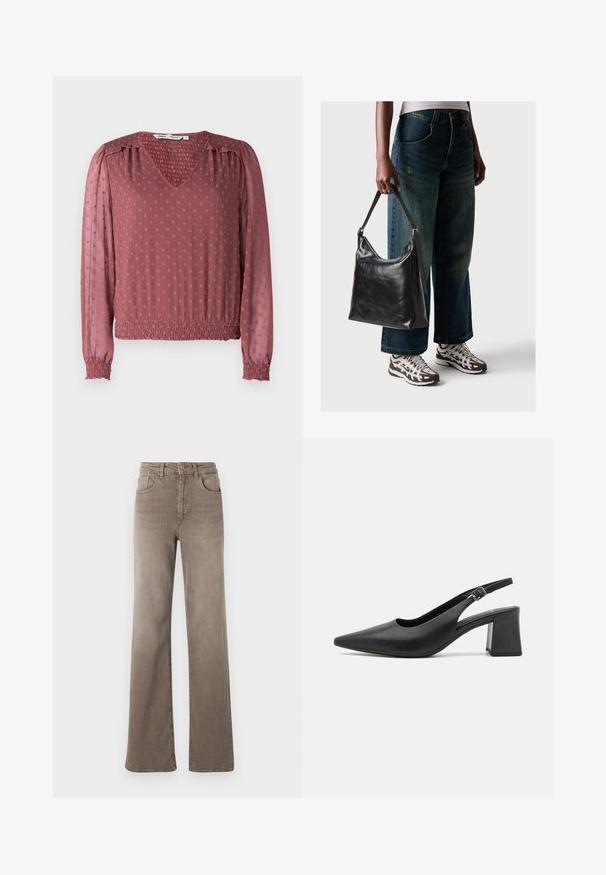 V-halsbluse i støvet rose med struktureret stof, der har smockede manchetter, elastisk talje og hævede prikker over overfladen.; Brune højtaljede straight-leg jeans med frontknap, bælteløkker og klassisk fem-lomme design på en hvid baggrund.; Sorte læder slingback hælesko med spids tå og chunky blokhæle. Har en justerbar rem med en metalspænde.; Sort læder skuldertaske med en glat tekstur og justerbar skulderrem, parret med faded brede bukser og atletiske sneakers.