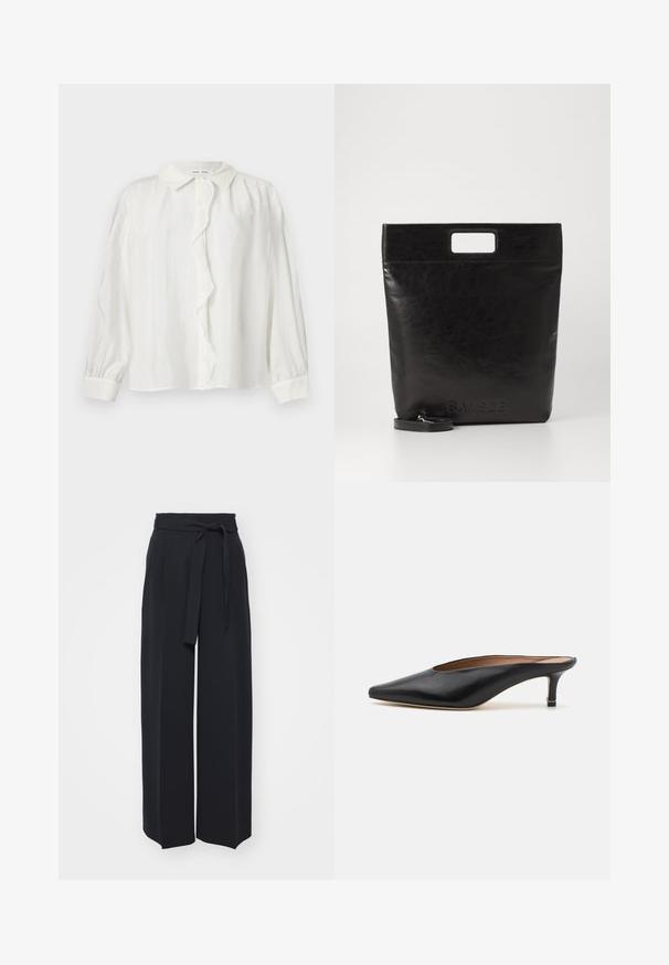 White button-up shirt with a ruffled placket, long sleeves, and a classic collar. Textured fabric with subtle vertical lines.; Wide-leg black trousers made of soft fabric. Features a belted waistband and front pleats. Smooth texture with a clean, contemporary design.; Black leather mules with a pointed toe and low, block heel. Smooth texture with a sleek design. Open back with minimal detailing.; Black leather tote bag with a square handle, featuring a textured finish and embossed logo. Includes a detachable strap.