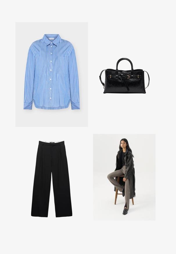 Lichtblauw overhemd met verticale witte strepen, een puntige kraag, lange mouwen en een zak op de linkerborst.; Zwarte wijde pantalon van soepel materiaal. Voorzien van plooien aan de voorkant, een tailleband met riemlussen en een getailleerd silhouet.; Zwarte leren trenchcoat met knopen en riemdetails, gecombineerd met lichtbruine getailleerde broek en zwarte loafers, zittend op een houten kruk.; Zwarte leren handtas met een gestructureerde vorm, textuurafwerking, dubbele handvatten en een afneembare schouderband. Accenten in goudkleurig metaal.