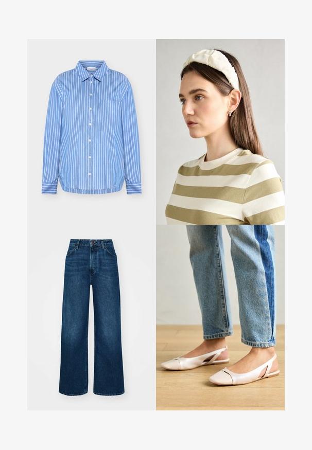 Light blue button-up shirt with vertical white stripes, a pointed collar, long sleeves, and a pocket on the left chest.; High-waisted, wide-leg jeans in dark blue denim with a smooth texture, contrast stitching, and five-pocket design. Front button closure.; Pale pink slingback flats with a pointed toe, made from a smooth leather-like material. Features cut-out details at the sides and a flat heel.; Cream padded headband with twisted design, paired with a beige and white striped shirt featuring a round neckline. Subtle jewelry accents.