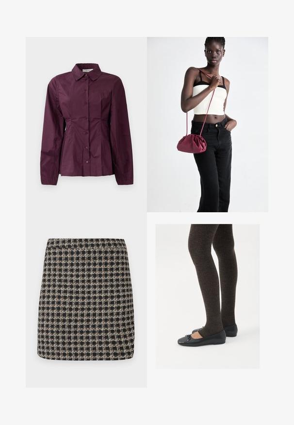 Vīna sarkanas pogcaurules krekls ar garām piedurknēm, klasiskām apkaklēm un krokotu detaļu jostasvietā. Gluda auduma virsma ar vieglu spīdumu.; Melna un bež dažādības mini svārki ar teksturētu audumu un gludu jostasvietu, ar strukturētu piegriezumu un vienkāršu dizainu.; Melnas plakano formas kurpes ar mazu loku uz pirksta, apvienotas ar tumši brūnām ribotām zeķubiksēm. Kurpēm ir gluda tekstūra un zems profils.; Burgundijas mīkstas auduma soma ar sakoptu dizainu un garu siksnu, nēsāta uz krūšu. Modelis valkā baltu piegriezuma topu un melnas džinsus.
