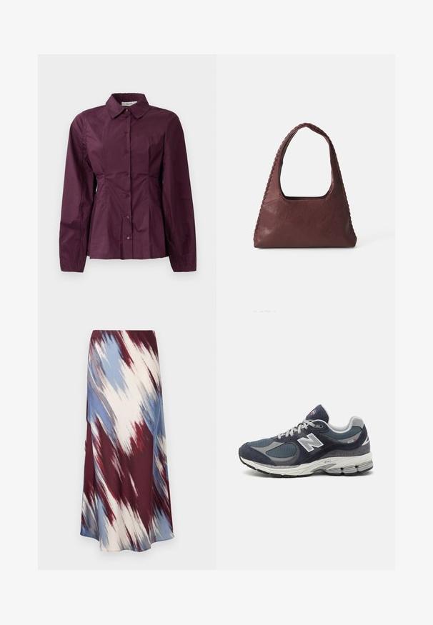 Burgundská košeľa na gombíky s dlhými rukávmi, klasickým golierom a plisovanými detailmi v oblasti pása. Hladká tkanina s jemným leskom.; Dlhá sukňa s diagonálnym vzorom tie-dye v burgundskej, modrej a krémovej farbe, vyrobená z jemnej látky s splývavým strihom a jemným leskom.; Tenisky New Balance s námorníckou sieťou a zvrškom z semišu, so šedými akcentmi, bielym logom, polstrovanou podrážkou a textúrovanými detailami.; Burgundská kožená kabelka trojuholníkového tvaru, s otvoreným vrchom a vrúbkovaným detailom na rukoväti. Hladký povrch s matným finišom.