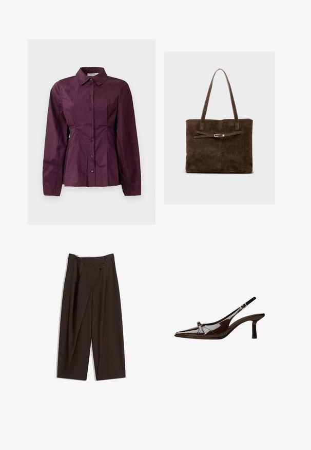 Burgundi színű, hosszú ujjú gombos ing, klasszikus gallérral és pliszírozott részletekkel a deréknál. Simább anyag diszkrét fényű.; Sötétbarna, bő szárú nadrág magas derékkal, egyetlen gombos záródással és redős elülső résszel. Könnyű anyagból készült.; Barna lakkbőr slingback cipő hegyes orral, alacsony sarkal és díszes masnival elöl. Simma, fényes felület.; Barna velúr női táska hosszú fogantyúkkal, sík testtel és dekoratív pánttal, ezüstszínű fém kiegészítővel.
