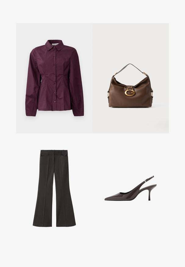 Camicia bordeaux con bottoni, maniche lunghe, collo classico e dettagli plissettati in vita. Tessuto morbido con un leggero lucido.; Pantaloni neri a zampa d'elefante con vita alta; presentano due tasche frontali e una texture del tessuto liscia. Adatti per varie occasioni.; Décolleté con cinturino in pelle brillante marrone scuro, caratterizzate da un tacco alto e sottile e una cinghia alla caviglia regolabile con fibbia.; Borsa a mano in pelle marrone con una finitura testurizzata, dotata di un gancio in metallo dorato e di una singola tracolla curva.