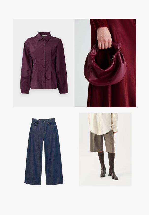 Burgundy button-up shirt with long sleeves, a classic collar, and pleated detailing at the waist. Smooth fabric with subtle sheen.; Wide-leg jeans in dark blue denim, featuring a button closure, front pockets, and yellow stitching along the seams. Smooth texture.; Brown knee-high boots with a square toe and block heel, paired with beige oversized shirt and brown checkered culottes.; Burgundy leather handbag with a soft, gathered design and a rounded shape. The handle is secured, showcasing a smooth texture.