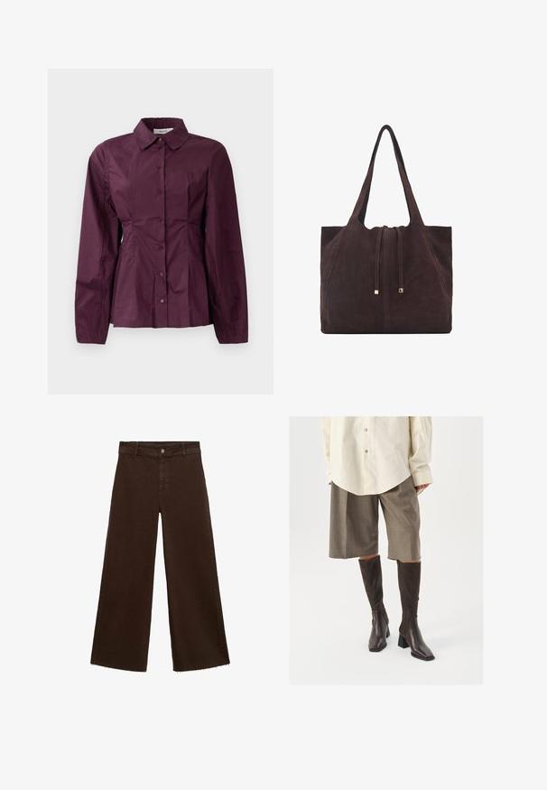 Bordeaux knoopshirt met lange mouwen, een klassieke kraag en geplooide details bij de taille. Glad stof met subtiele glans.; Bruine wijde broek in katoenmix, met een rafelige zoom, sluiting met een knoop aan de voorkant en een klassieke vijf-pocketstijl. Minimalistisch en veelzijdig.; Bruine kniehoge laarzen met een vierkante neus en blokhak, gecombineerd met een beige oversized shirt en bruine geruite culottes.; Mango Shopper - dark brown
