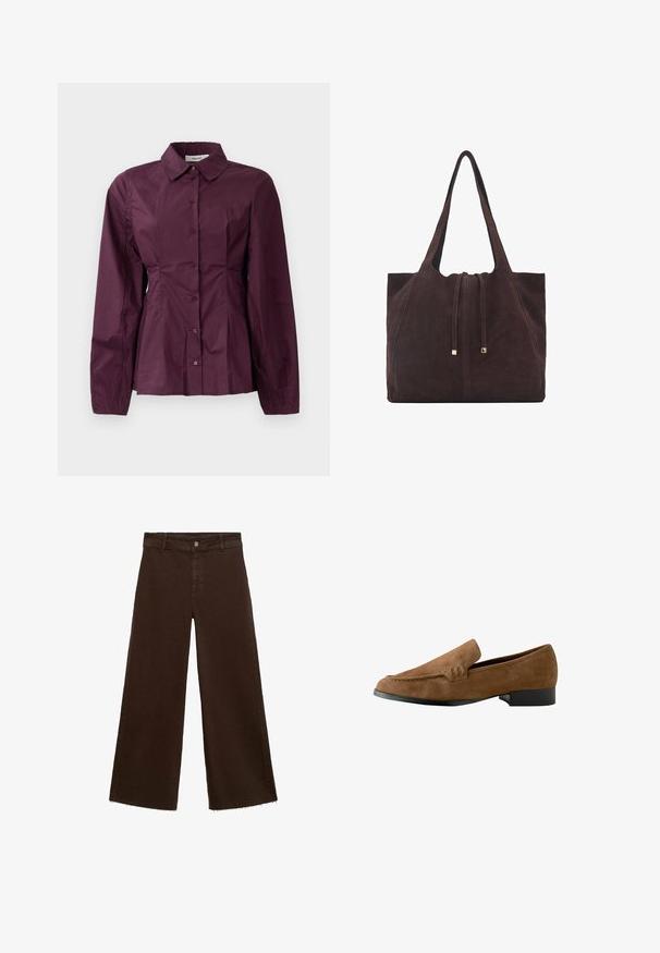 Burgundska srajca s dugimi rokavi, klasičnim ovratnikom in gubami na pasu. Gladek material z rahlim sijajem.; Rjave široke hlače iz mešanice bombaža, z raztrganim robom, sprednjim gumbom in klasičnim dizajnom s petimi žepi. Minimalistične in vsestranske.; Rjavi semiš loaferji z rahlo dvignjenim petnim delom, gladko teksturo, šivnimi detajli na sprednji strani in zaobljenim dizajnom prstov.; Mango Torba za nakupovanje - dark brown